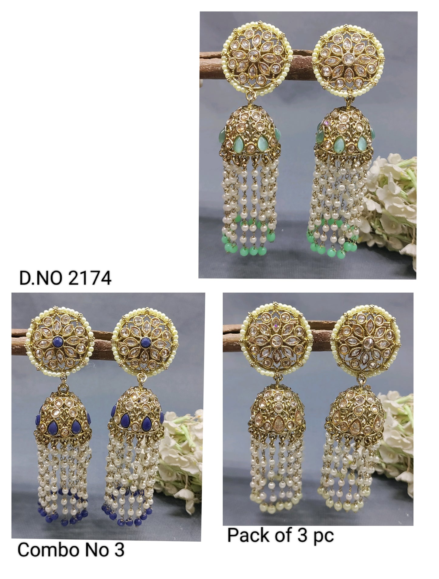 Polki Mehandi Jhumki Earring Combo Sku 2174 rchiecreation