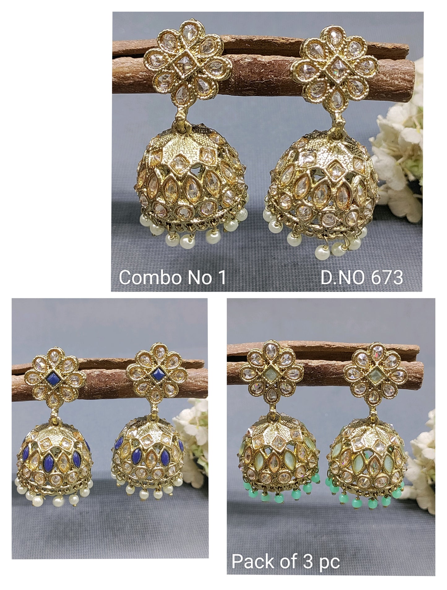 Polki Jhumki Earring Combo Sku 673 rchiecreation