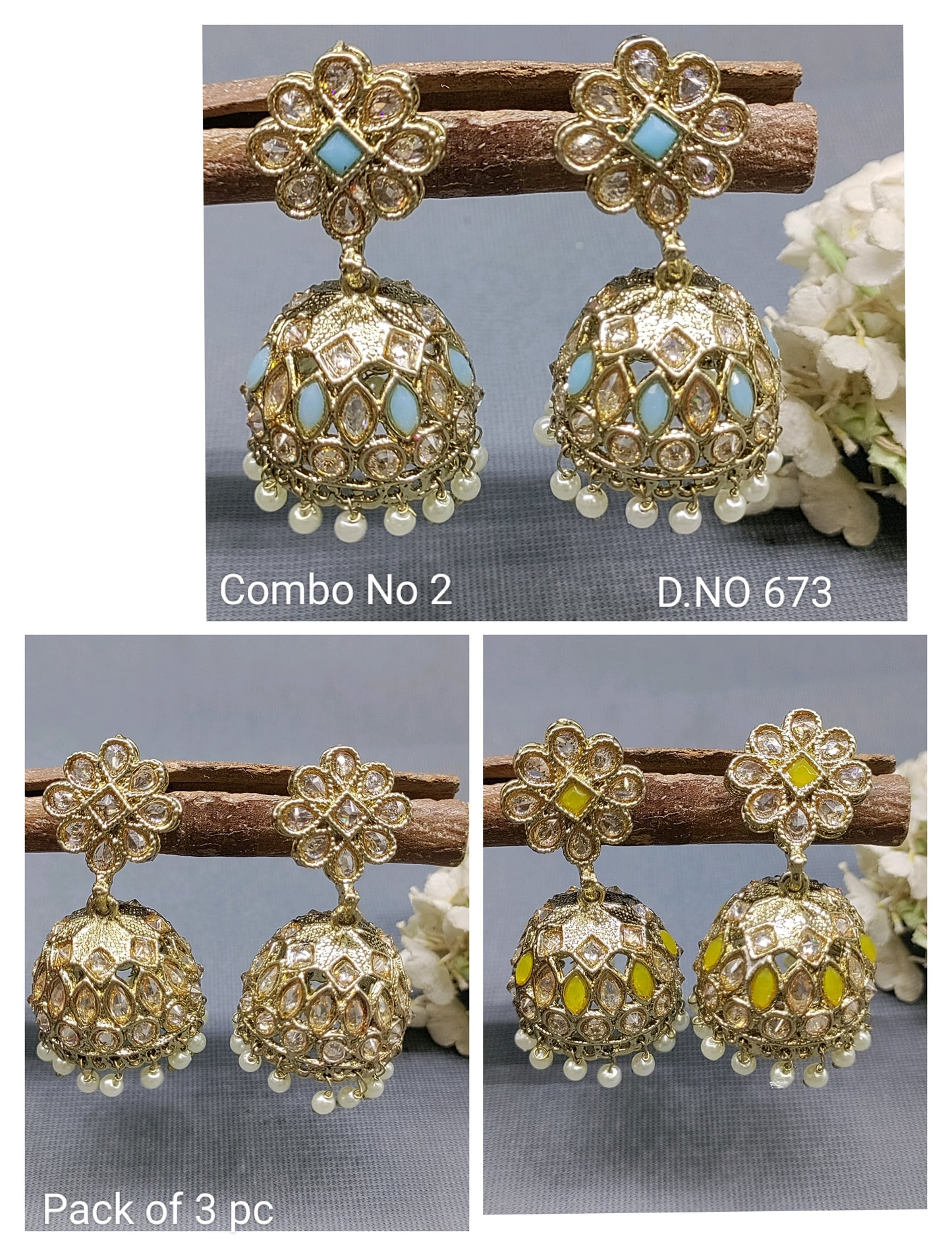 Polki Jhumki Earring Combo Sku 673 rchiecreation