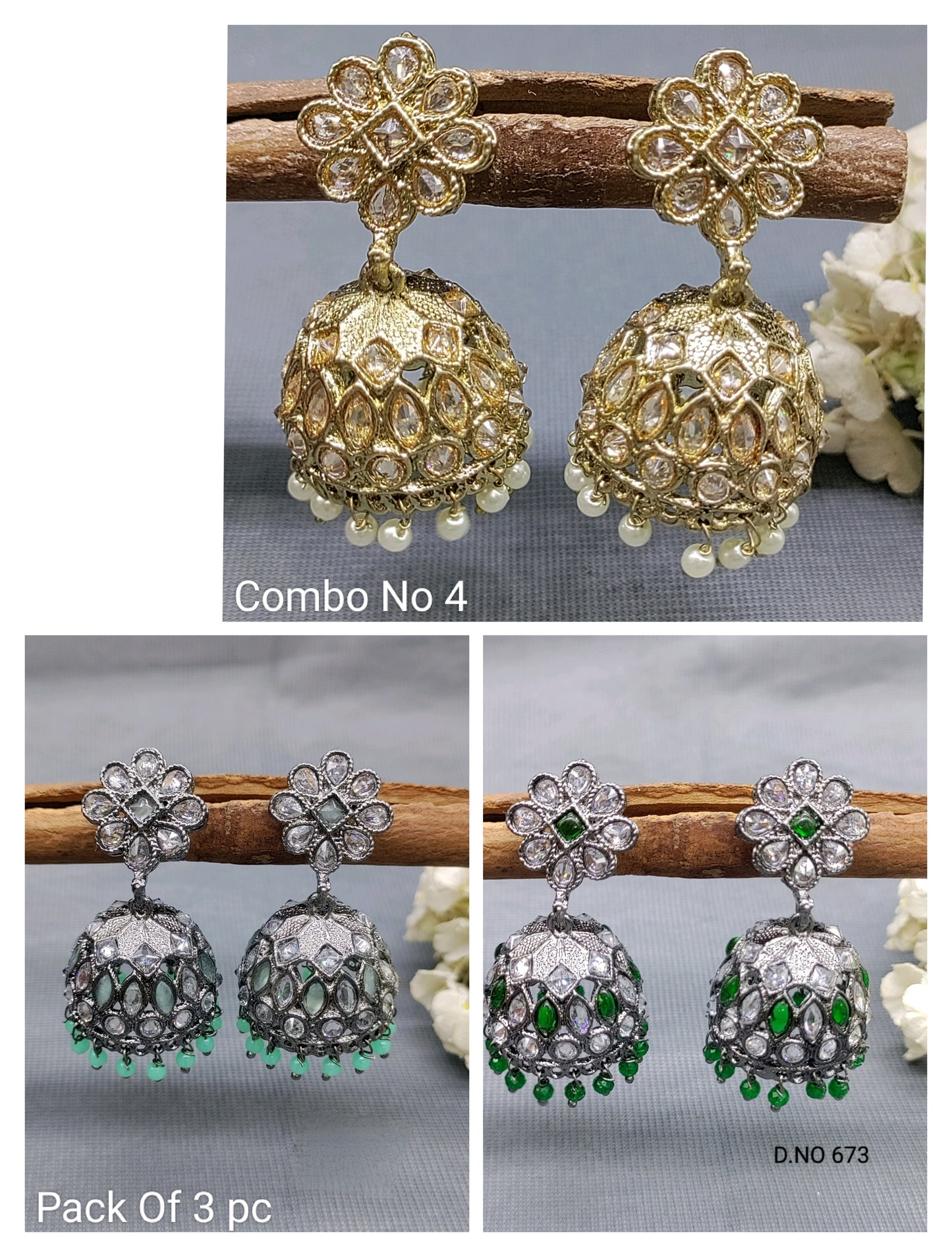 Polki Jhumki Earring Combo Sku 673 rchiecreation