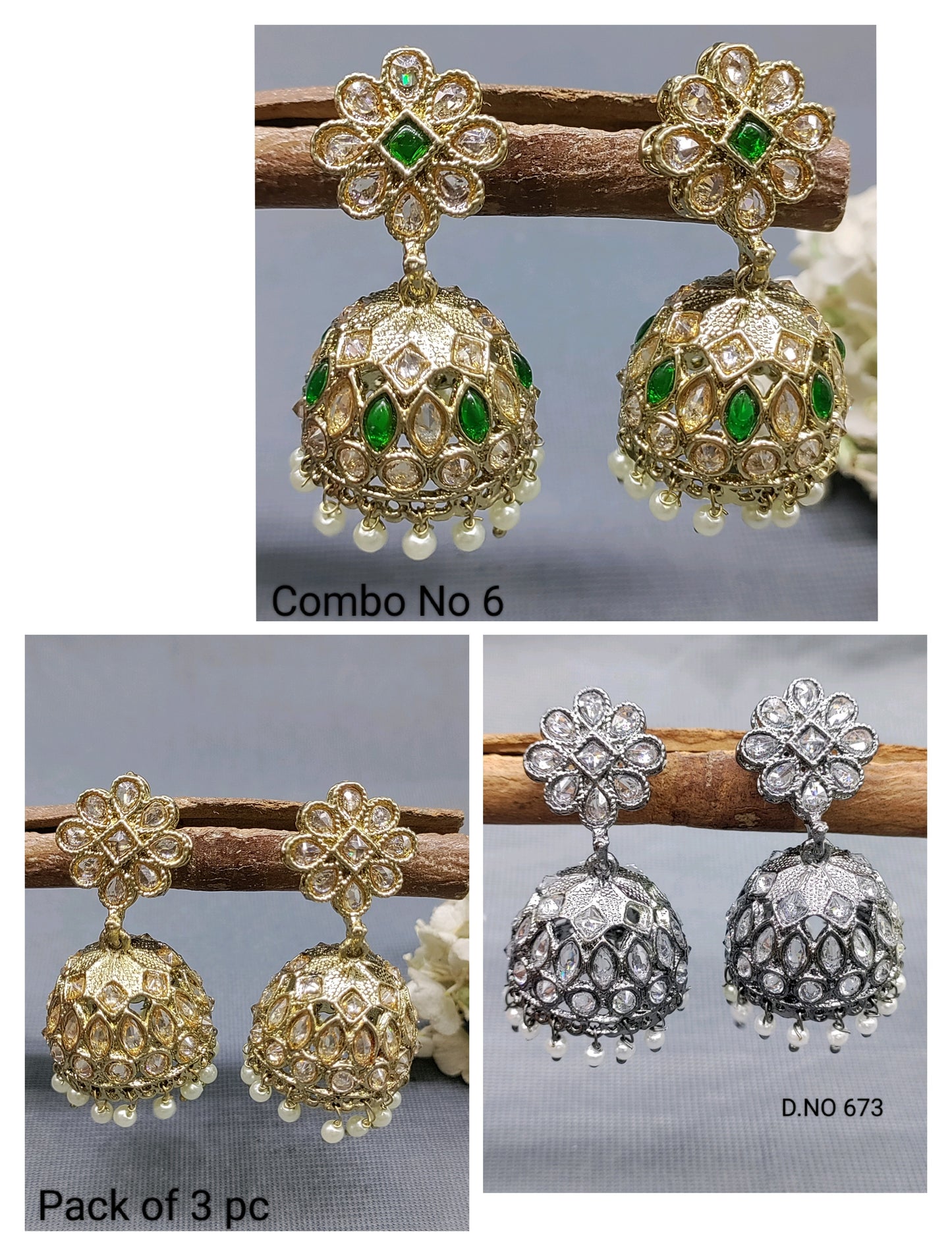 Polki Jhumki Earring Combo Sku 673 rchiecreation