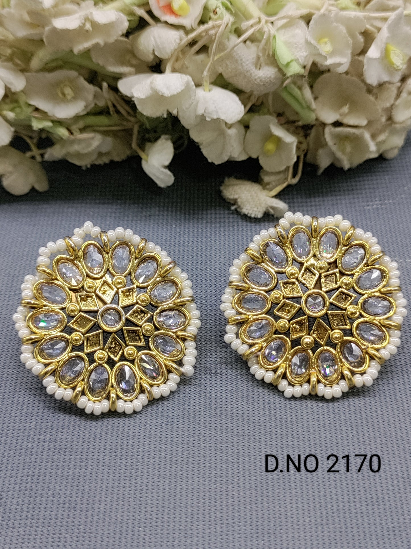 White Polki Golden Tops & Stud Earrings Sku 2170 rchiecreation