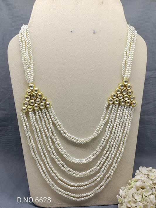 Golden Kundan Pearl long Mala Necklace Sku 6628 rchiecreation