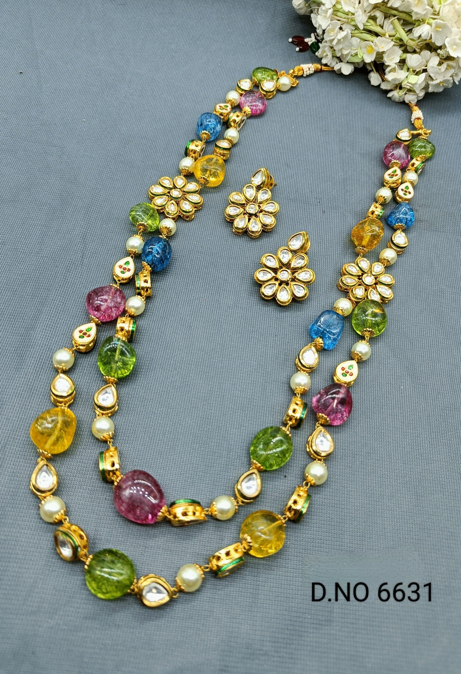 Golden Kundan Mala Necklace Set Sku 6631 rchiecreation