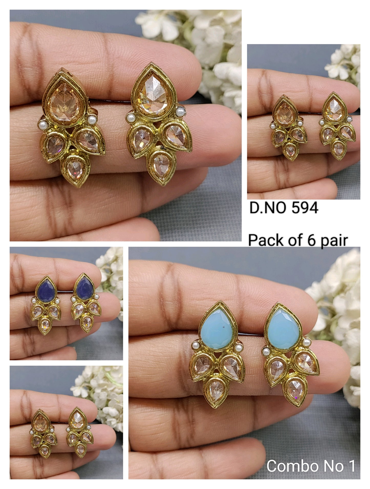 Polki Mehandi Tops & Stud Combo Earrings Sku 594 rchiecreation