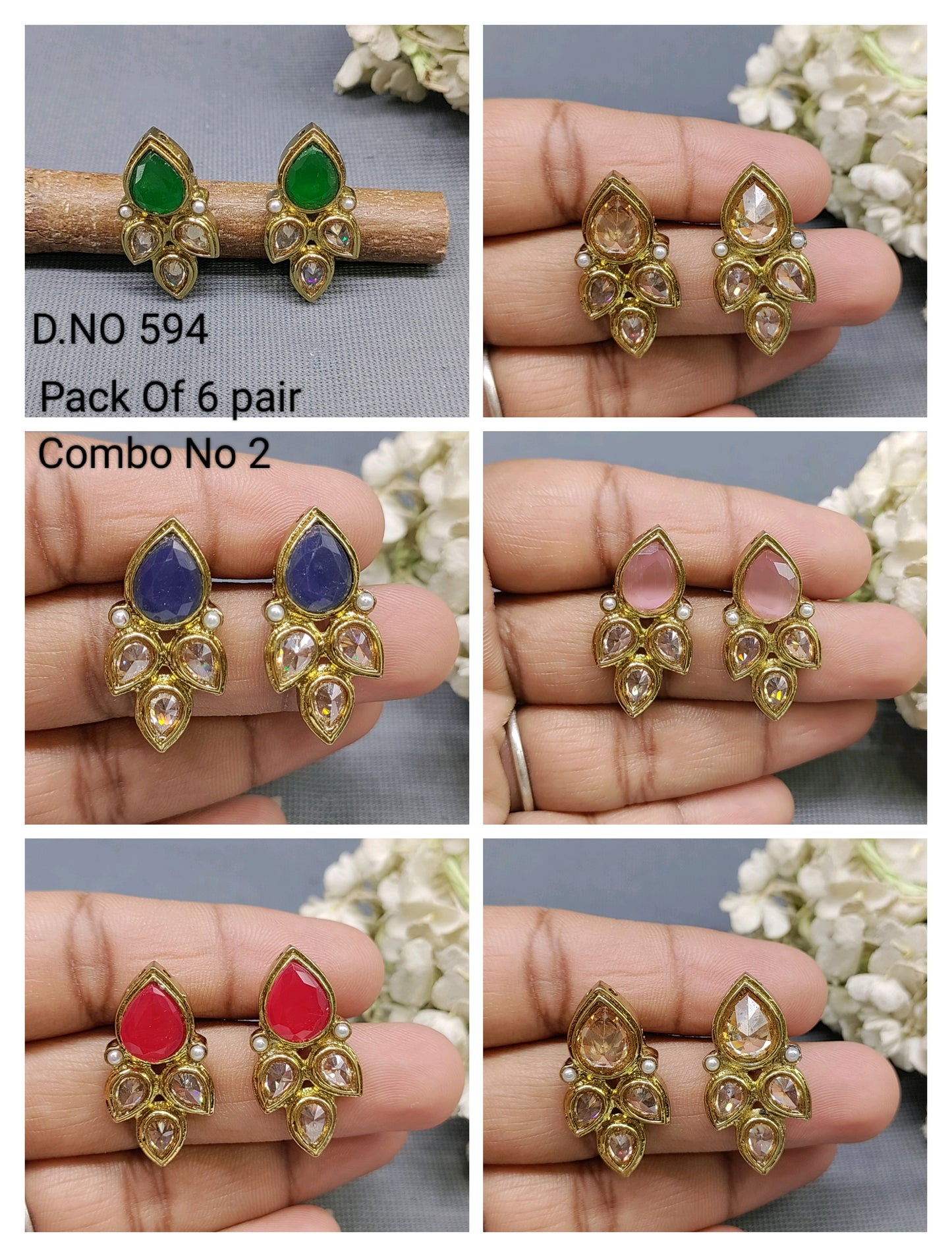 Polki Mehandi Tops & Stud Combo Earrings Sku 594 rchiecreation