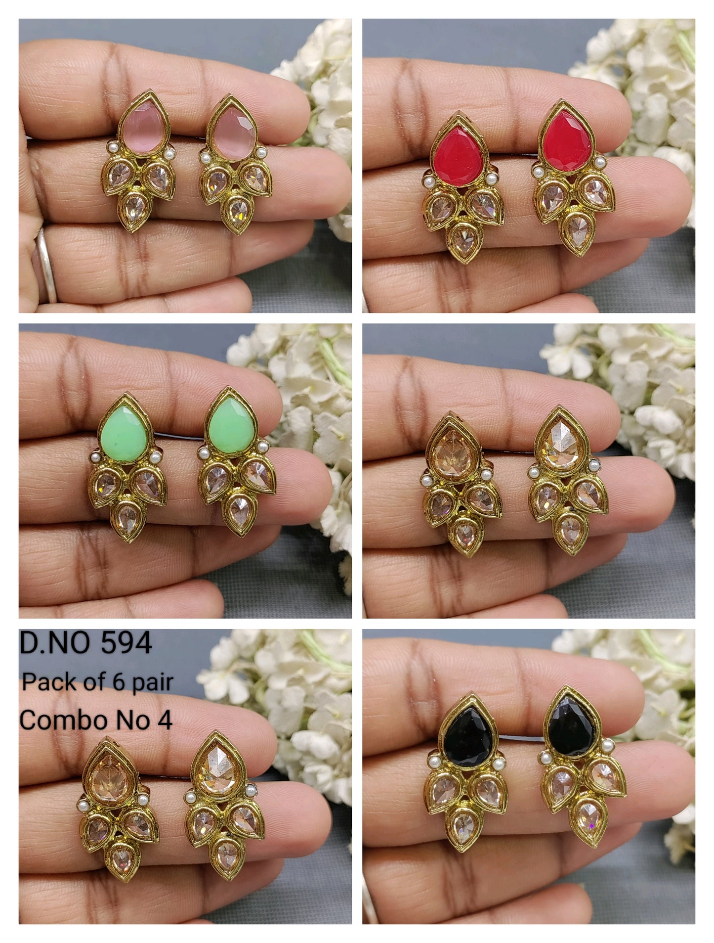 Polki Mehandi Tops & Stud Combo Earrings Sku 594 rchiecreation