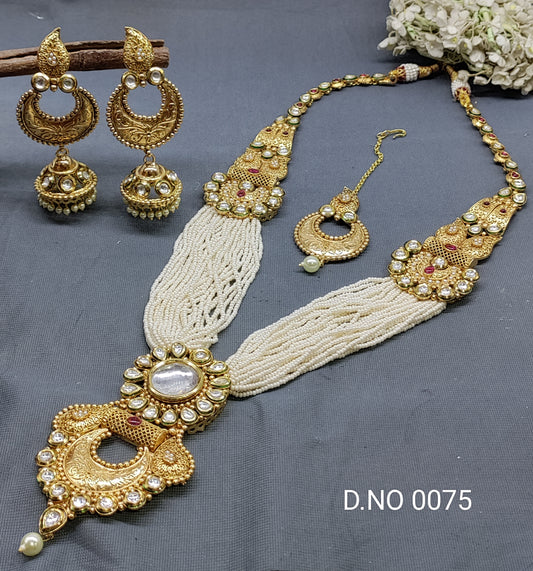 Golden Kundan long Bridal Mala Necklace Sku 0075 rchiecreation