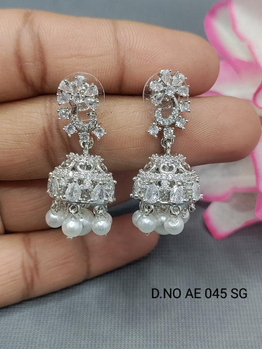 Cz Ad Rodium Jhumki Earrings Sku AE 045 SG rchiecreation