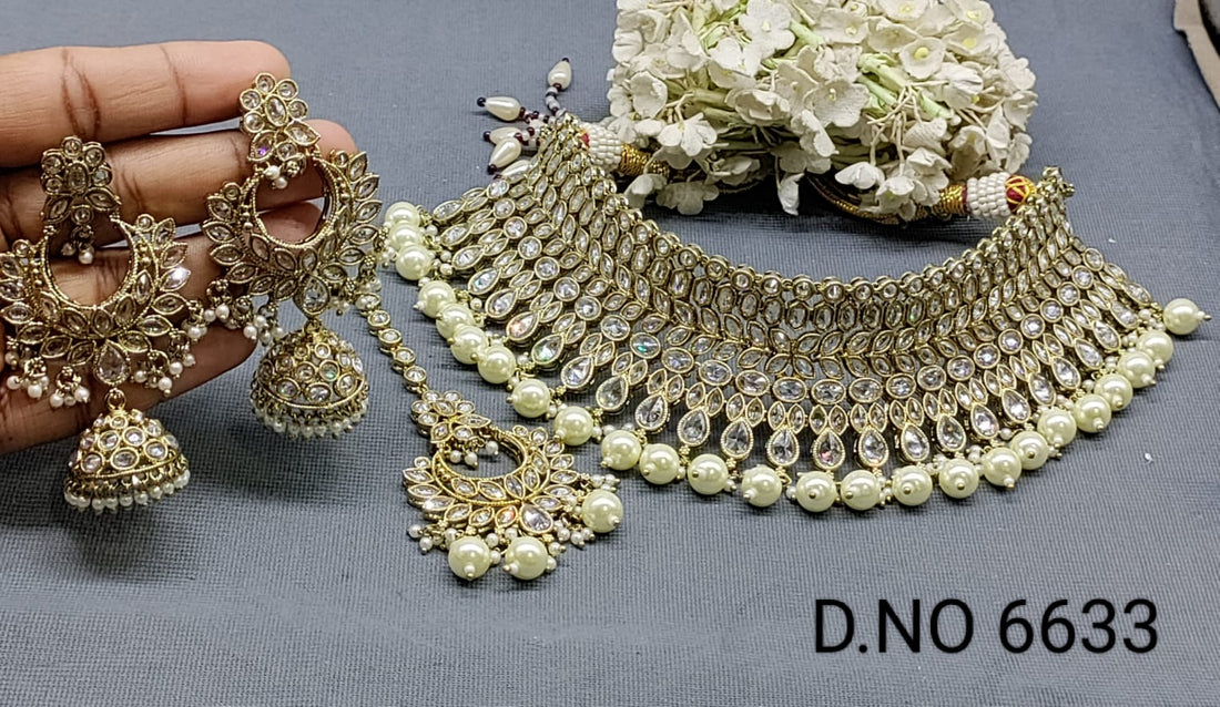 White Polki Mehandi Bridal Chokar Necklace Set Sku 6633 rchiecreation