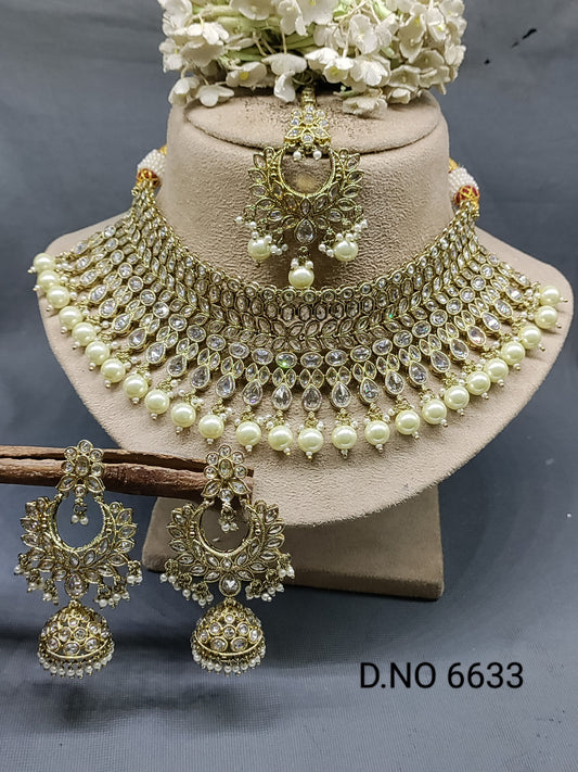 White Polki Mehandi Bridal Chokar Necklace Set Sku 6633 rchiecreation