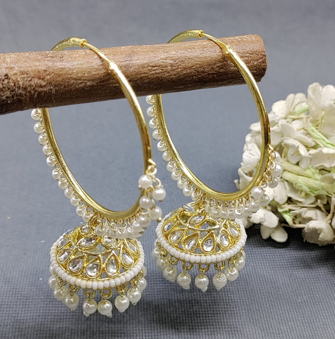 Golden Kundan Bali Jhumki Earring Sku 2228 rchiecreation