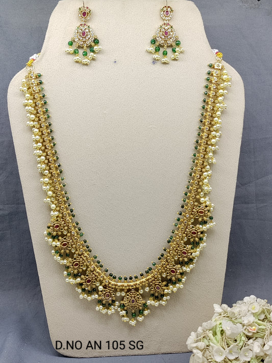 Cz Ad Antique Golden Long Pearl Necklace Sku AN 105 SG rchiecreation