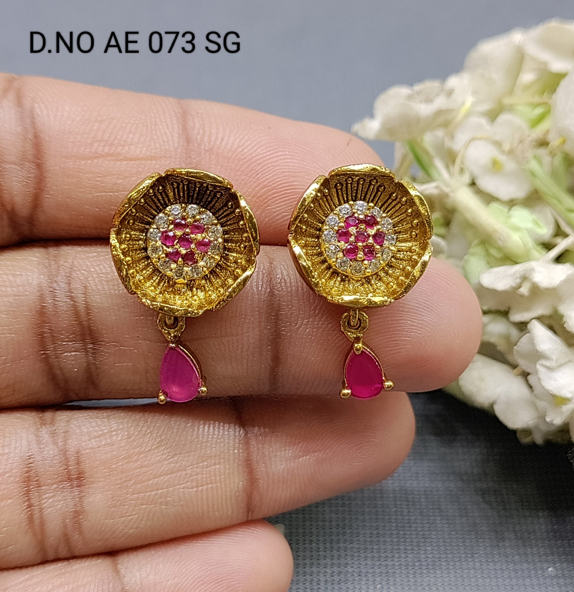 Cz Ad Antique Golden Tops & Stud Earrings Sku AE 073-A SG rchiecreation