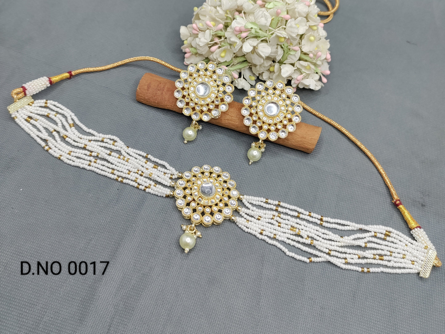 Pearl Golden Kundan Choker Necklace Set Sku-0017 B2