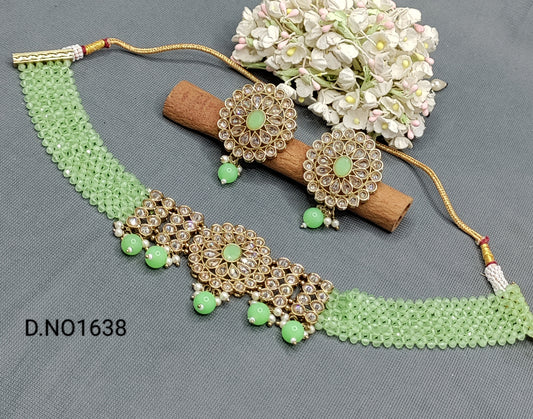 Pearl Polki Choker Necklace Mehndi Set Sku-1638 B1