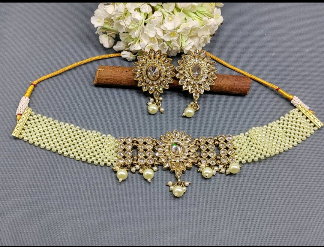 Polki Choker Necklace Mehndi Set Sku-1722 B8