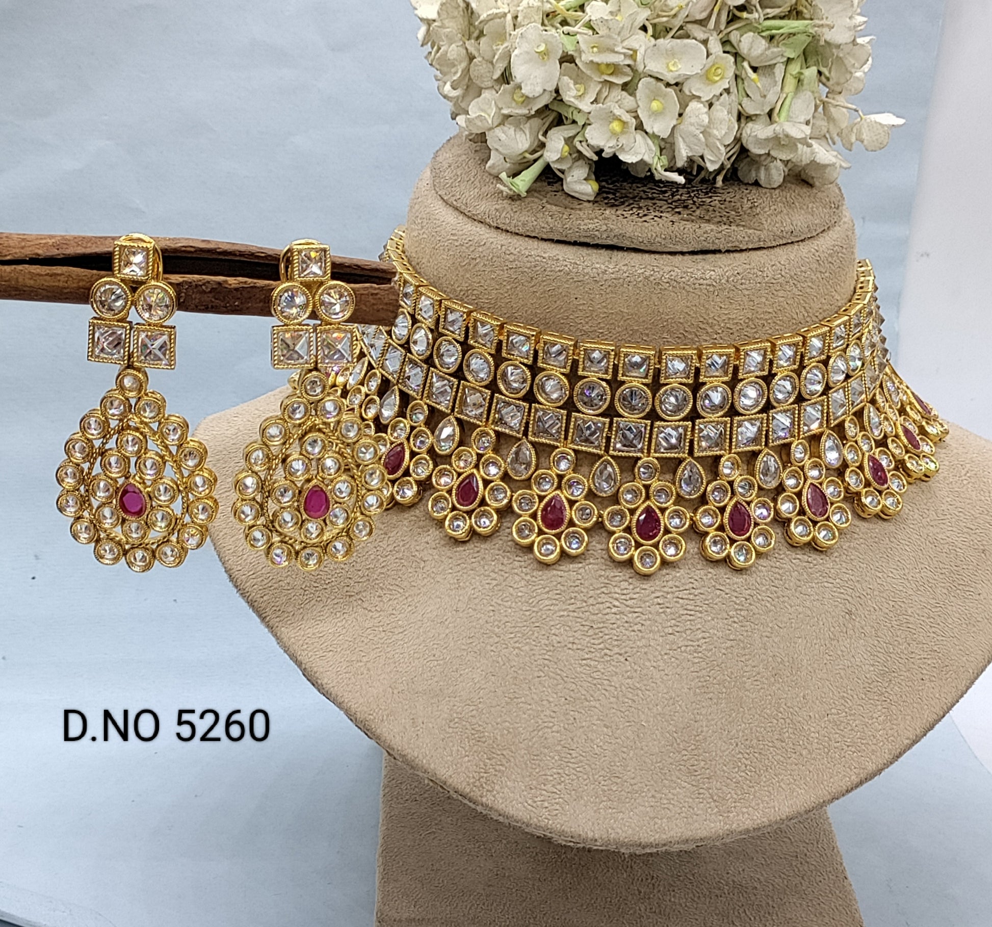 Golden Bridal White Polki Necklace Sku-5260 rchiecreation