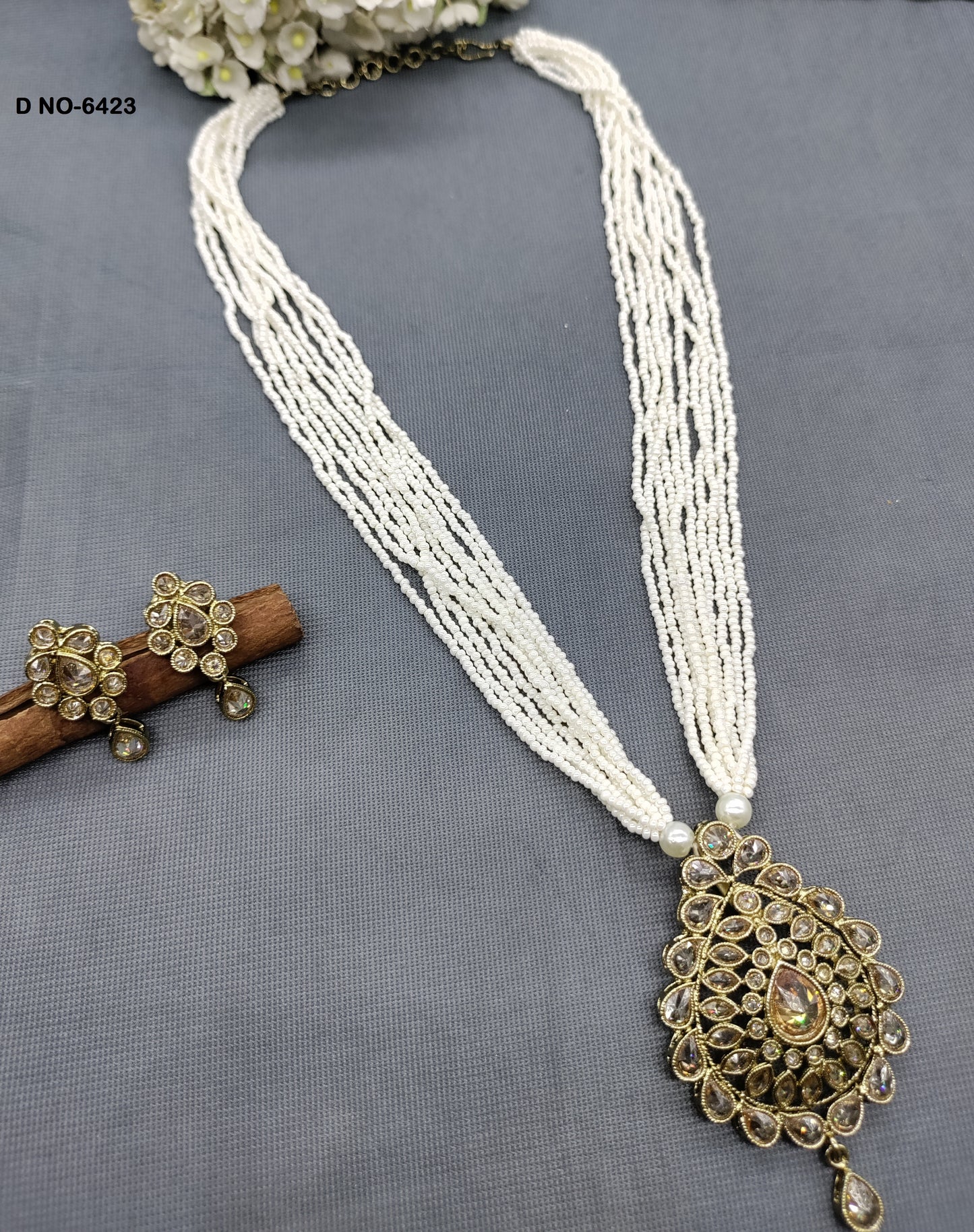 Pearl Polki long Necklace set -6423 rchiecreation