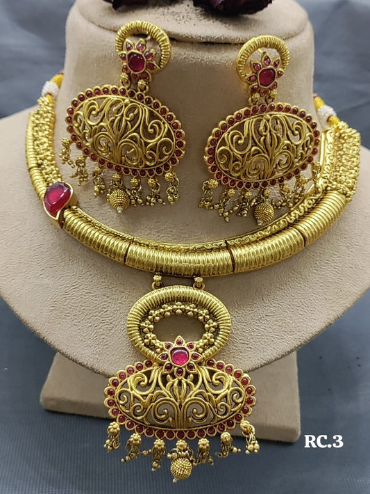 Rajwadi Golden Necklace Set Sku-RC.3 rchiecreation