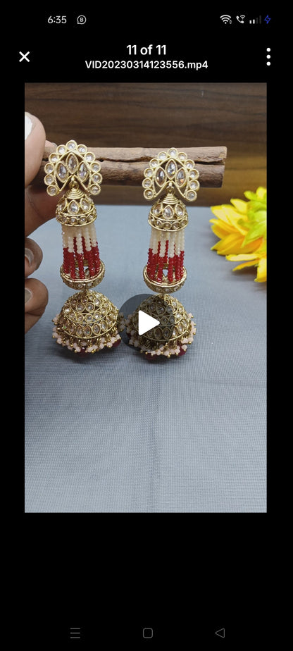 Polki Earring Long Jhumki Mehndi Sku-449 A3 rchiecreation