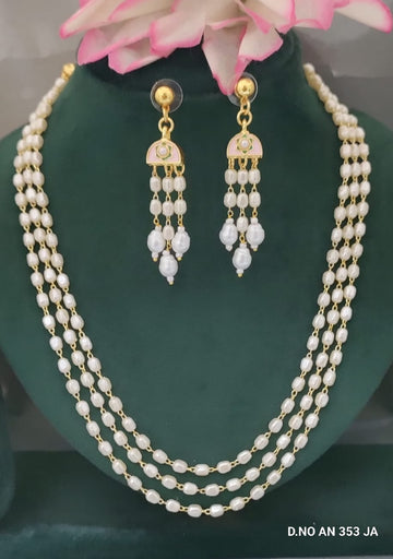 3 Line Golden Pearl Mala Necklace SKU AN 353 DJ