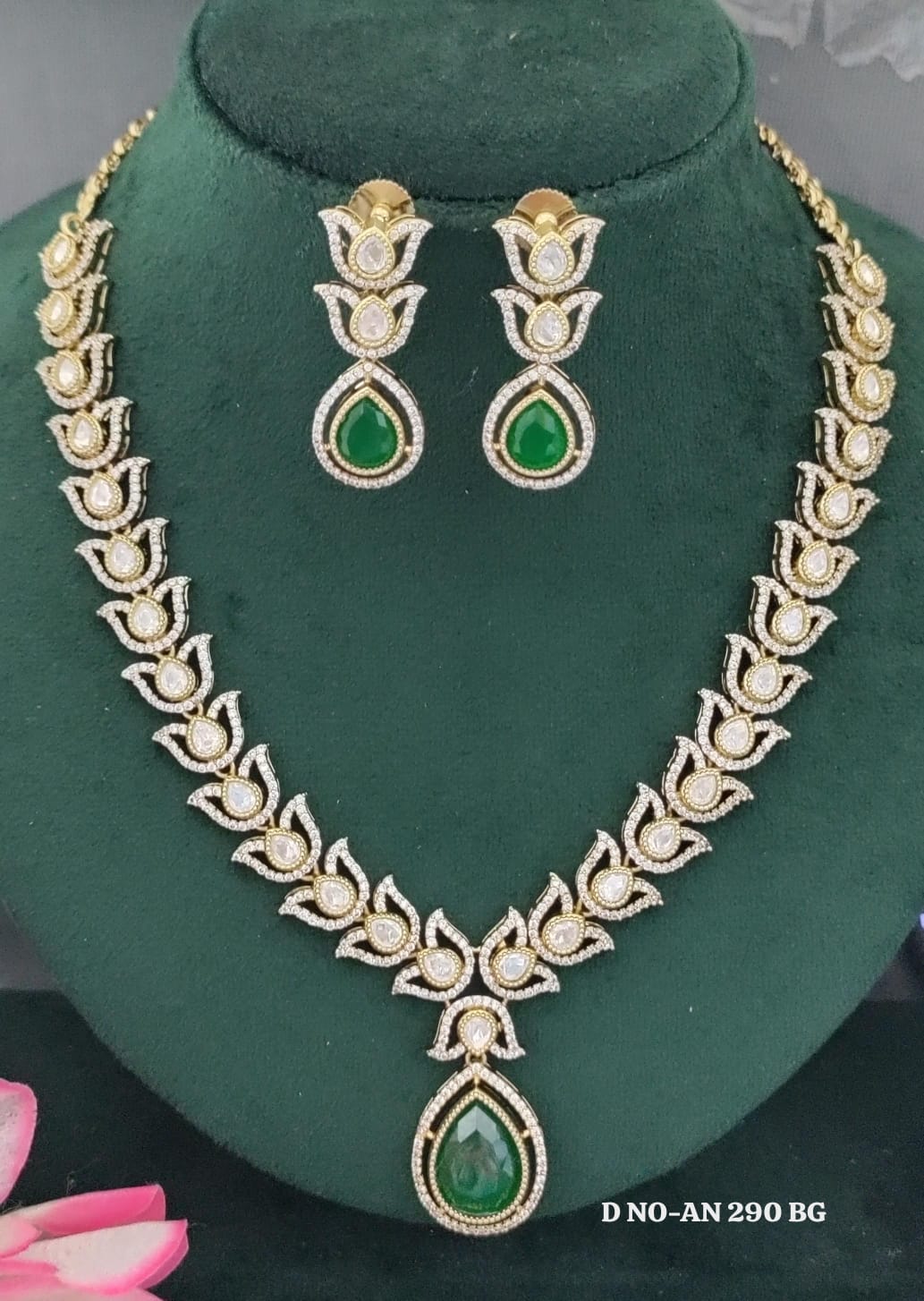 Mehandi CZ Mossinaite kundan Necklace  sku AN 290 BG/D-4