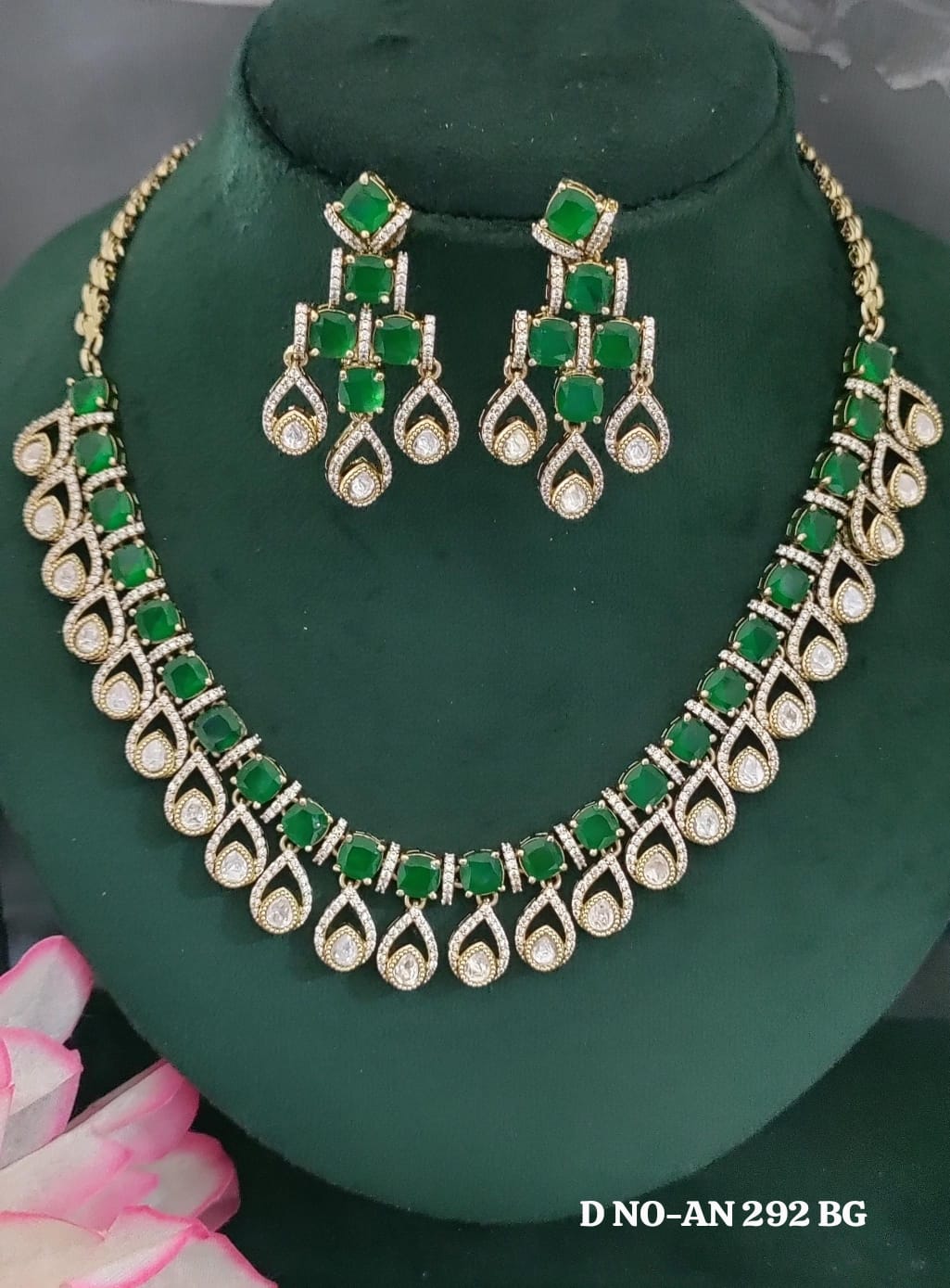 Mehandi CZ Mossinaite kundan Necklace  sku AN 292 BG/D-4