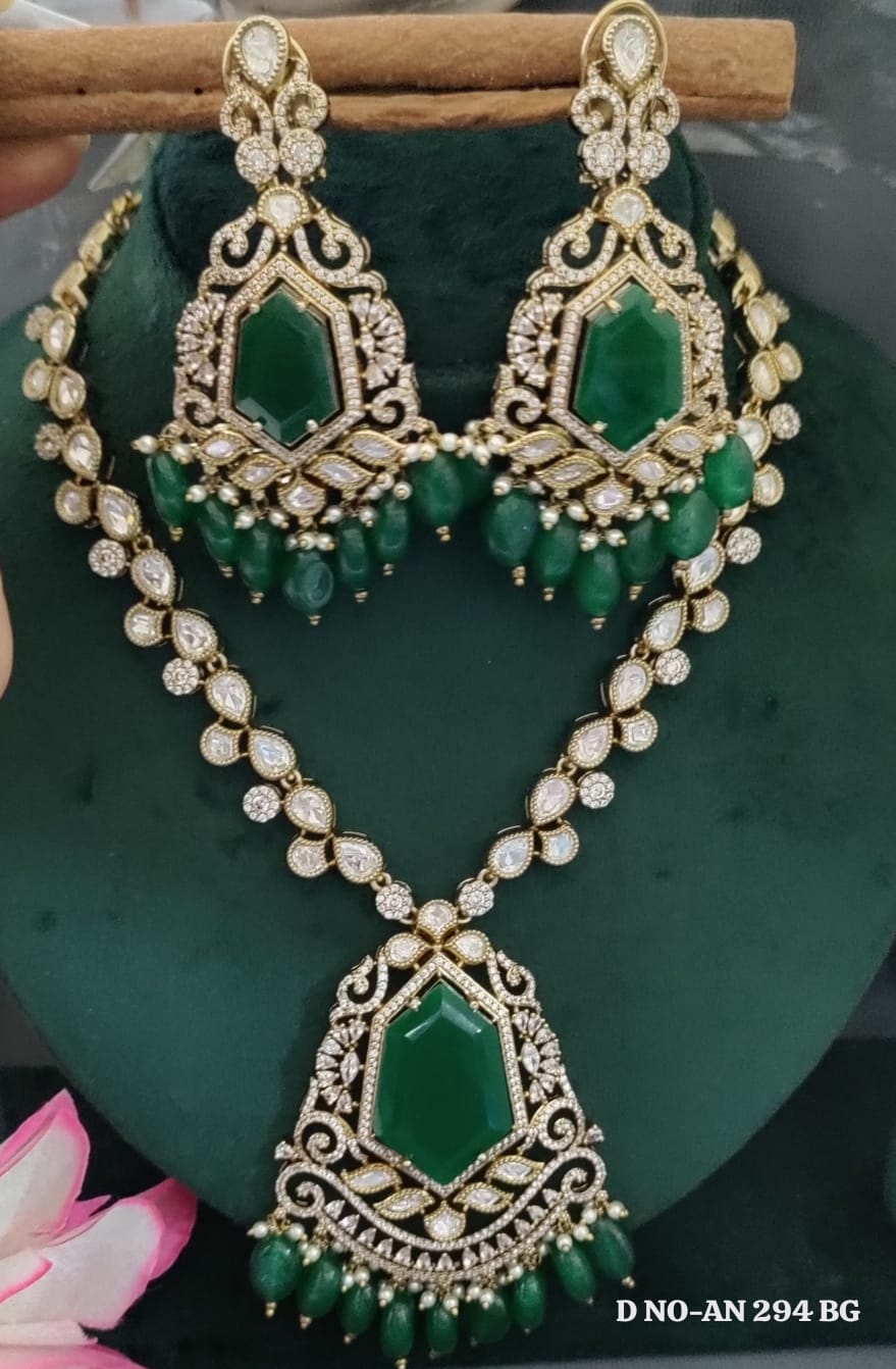 Mehandi CZ Mossinaite kundan Necklace  sku AN 294 BG/D-4