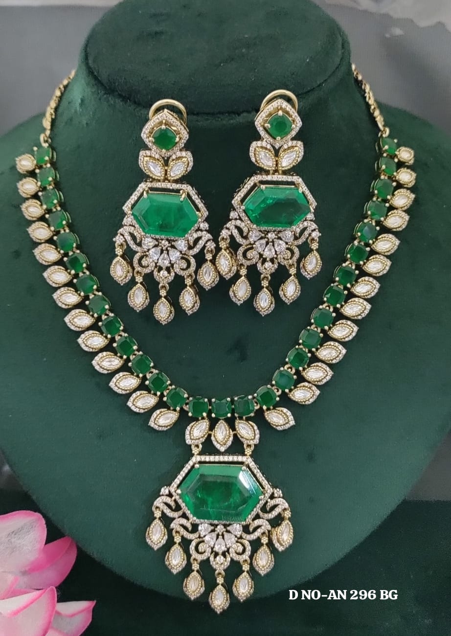 Mehandi CZ Mossinaite kundan Necklace  sku AN 296 BG/D-4