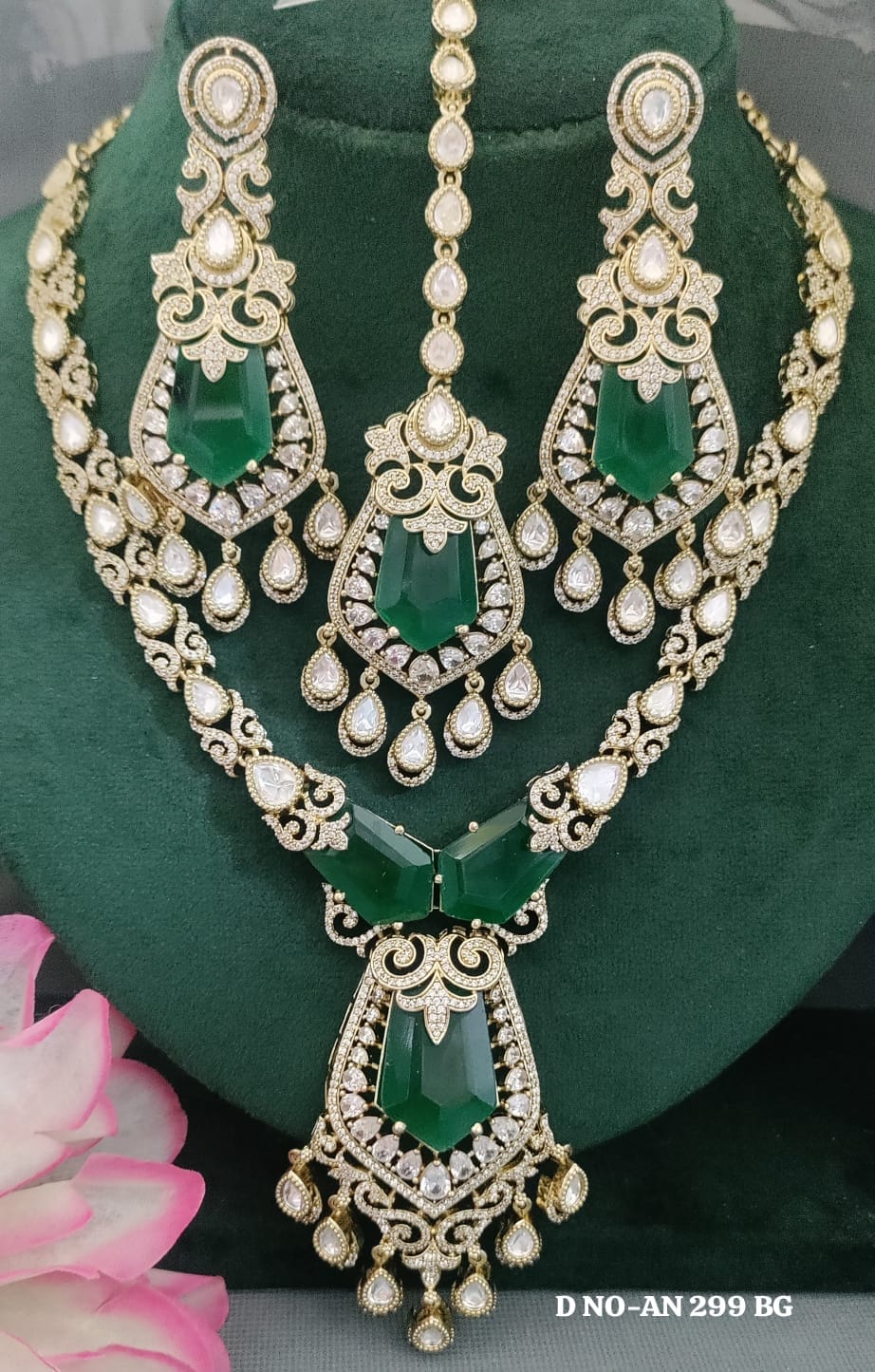 Mehandi CZ Mossinaite kundan Necklace  sku AN 299 BG/D-4