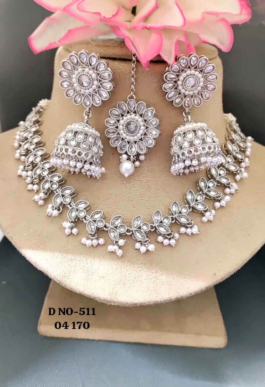 Rodium Polki Necklace set SKU 511