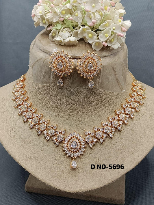 American Diamond Necklace Golden Sku-5696 C3 - rchiecreation