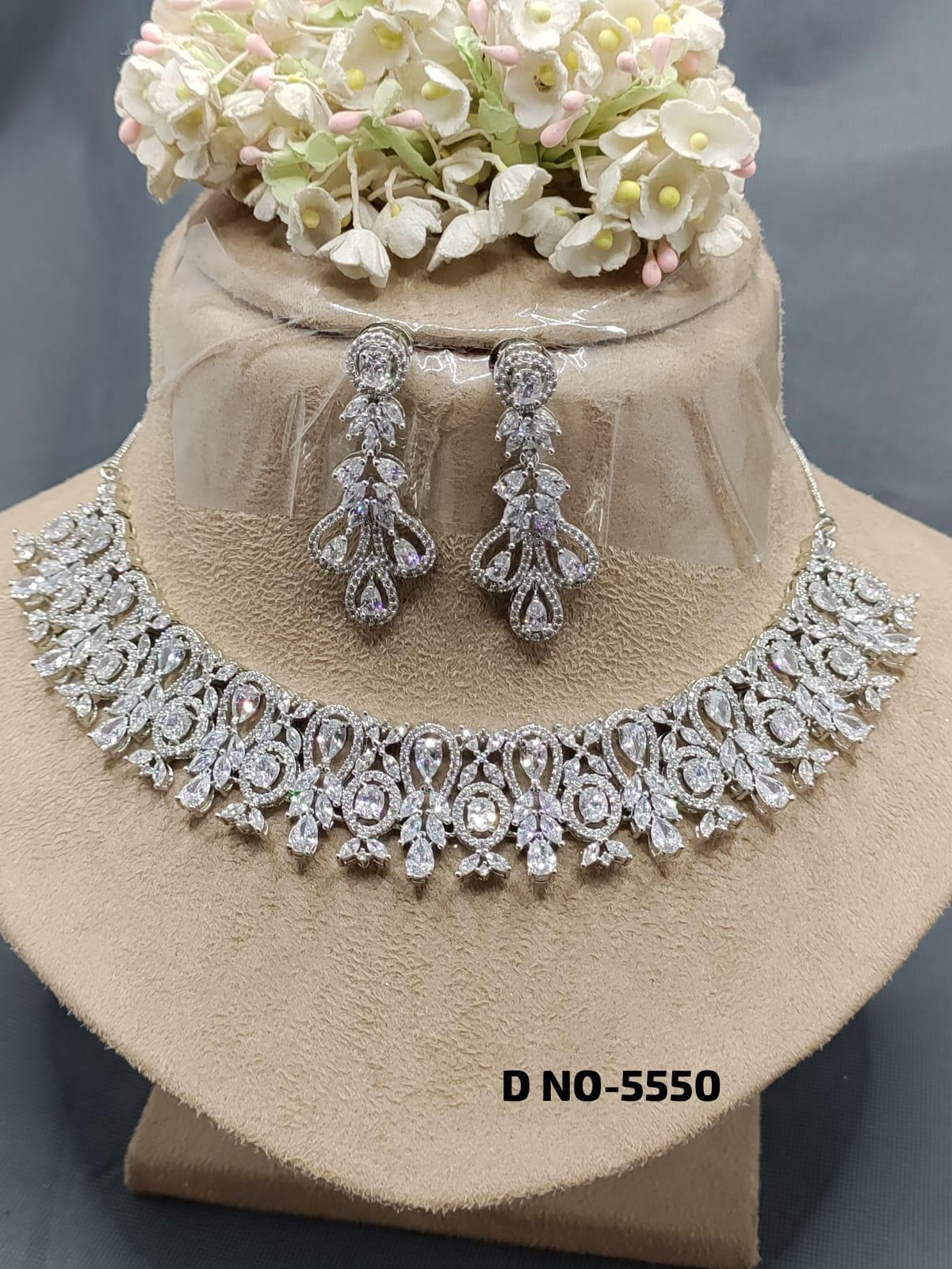 American Diamond Necklace Rodium Sku-5550 C3 - rchiecreation