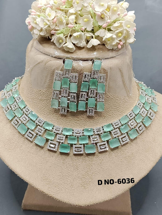 American Diamond Necklace Rodium Sku-6036 C3 - rchiecreation