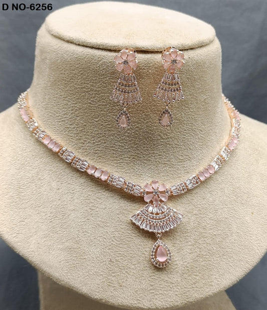 American Diamond Rose Gold Necklace Sku-6256 C3 - rchiecreation