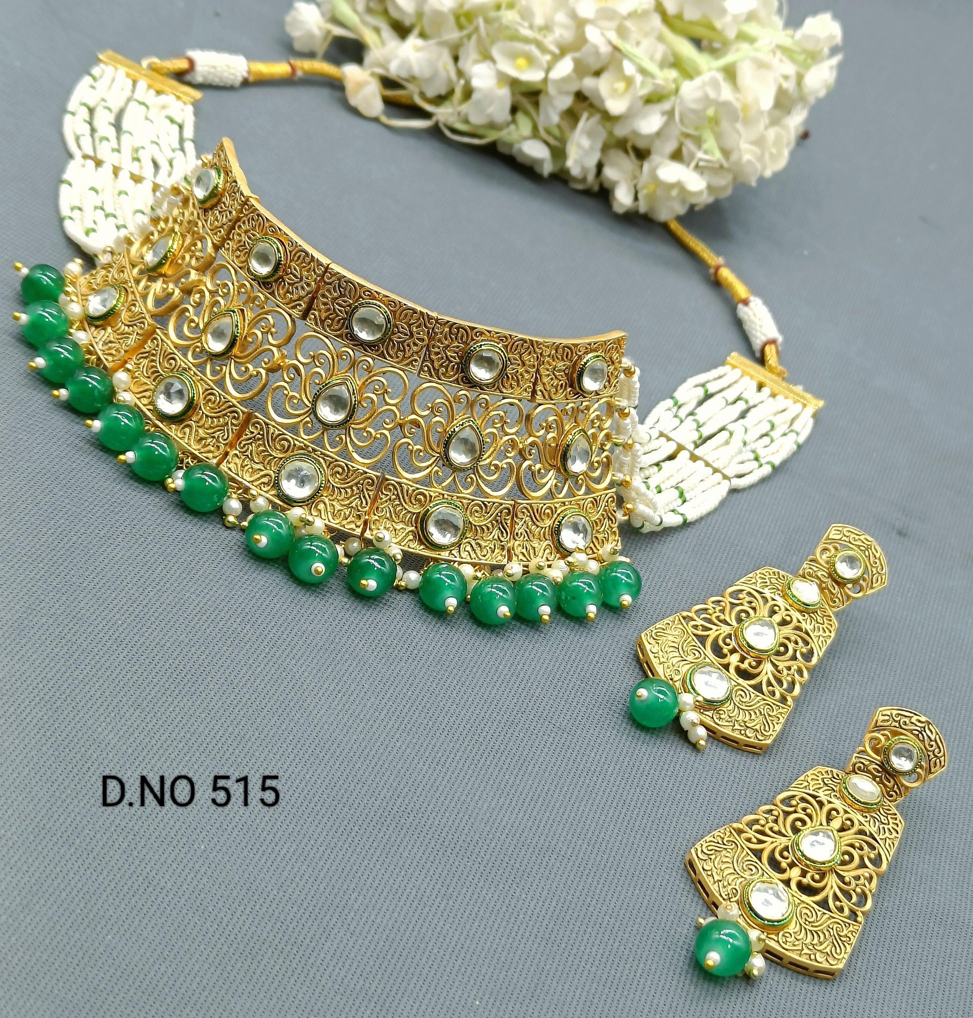 Antique Golden Kundan Necklace Set Sku 515 D3 - rchiecreation