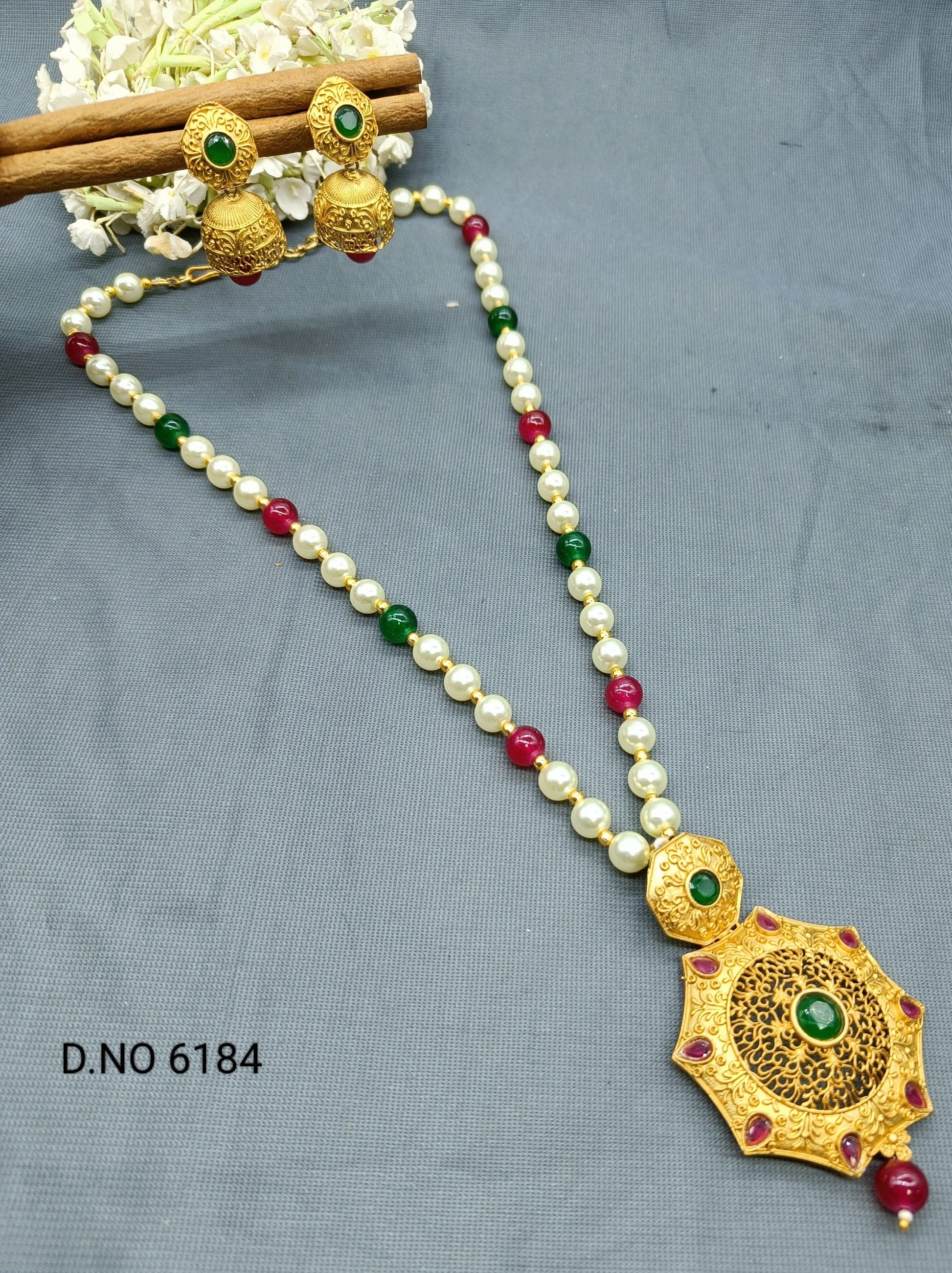 Antique Golden Long Mala Set Sku 6184 D3 - rchiecreation