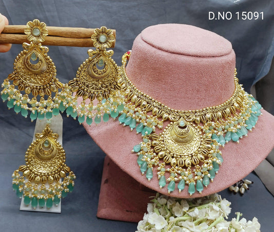 Antique Golden Panjabi Necklace Set Sku 15091 E4 - rchiecreation