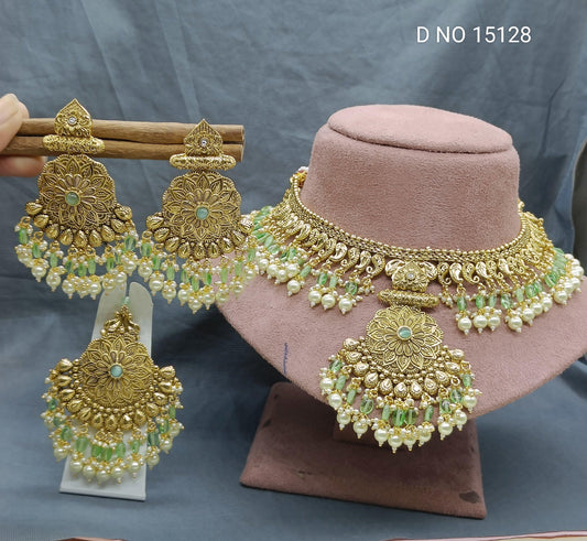 Antique Golden Panjabi Necklace Set Sku 15128 E4 - rchiecreation