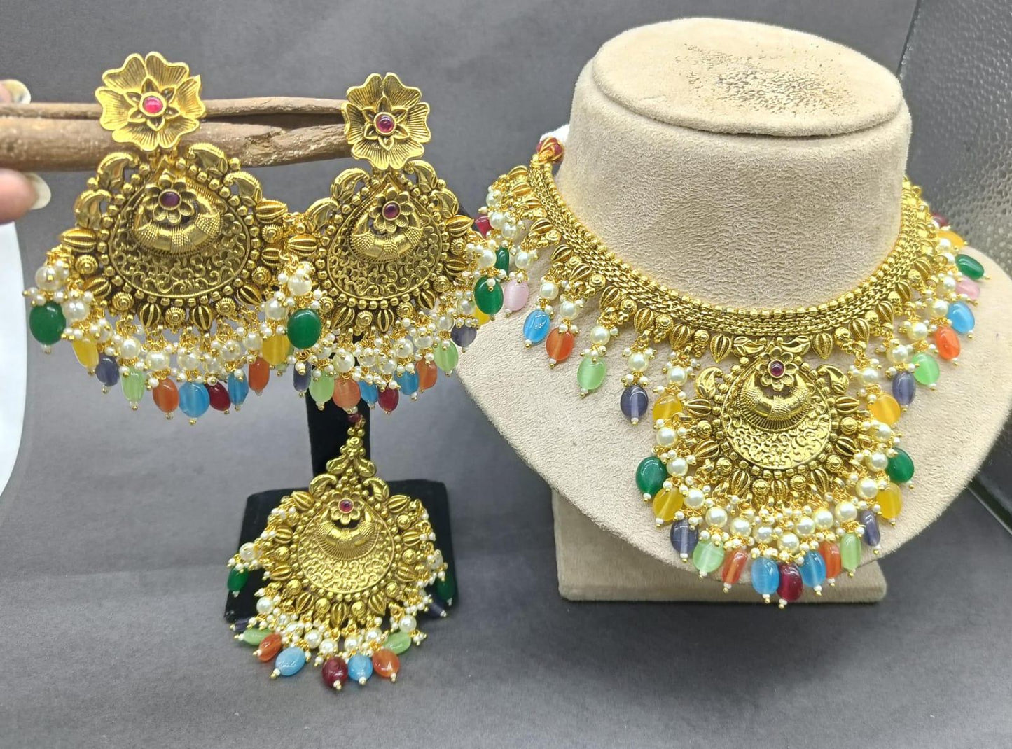 Antique Golden Panjabi Necklace Set Sku 15134 E4 - rchiecreation