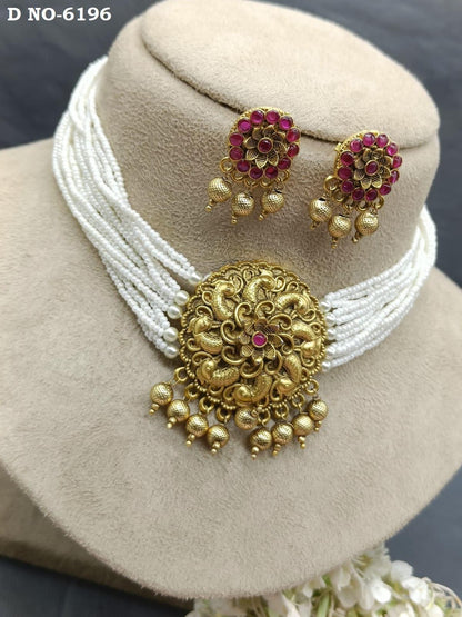 Antique Golden Temple Jewellery Choker Set Sku-6196 D3 - rchiecreation