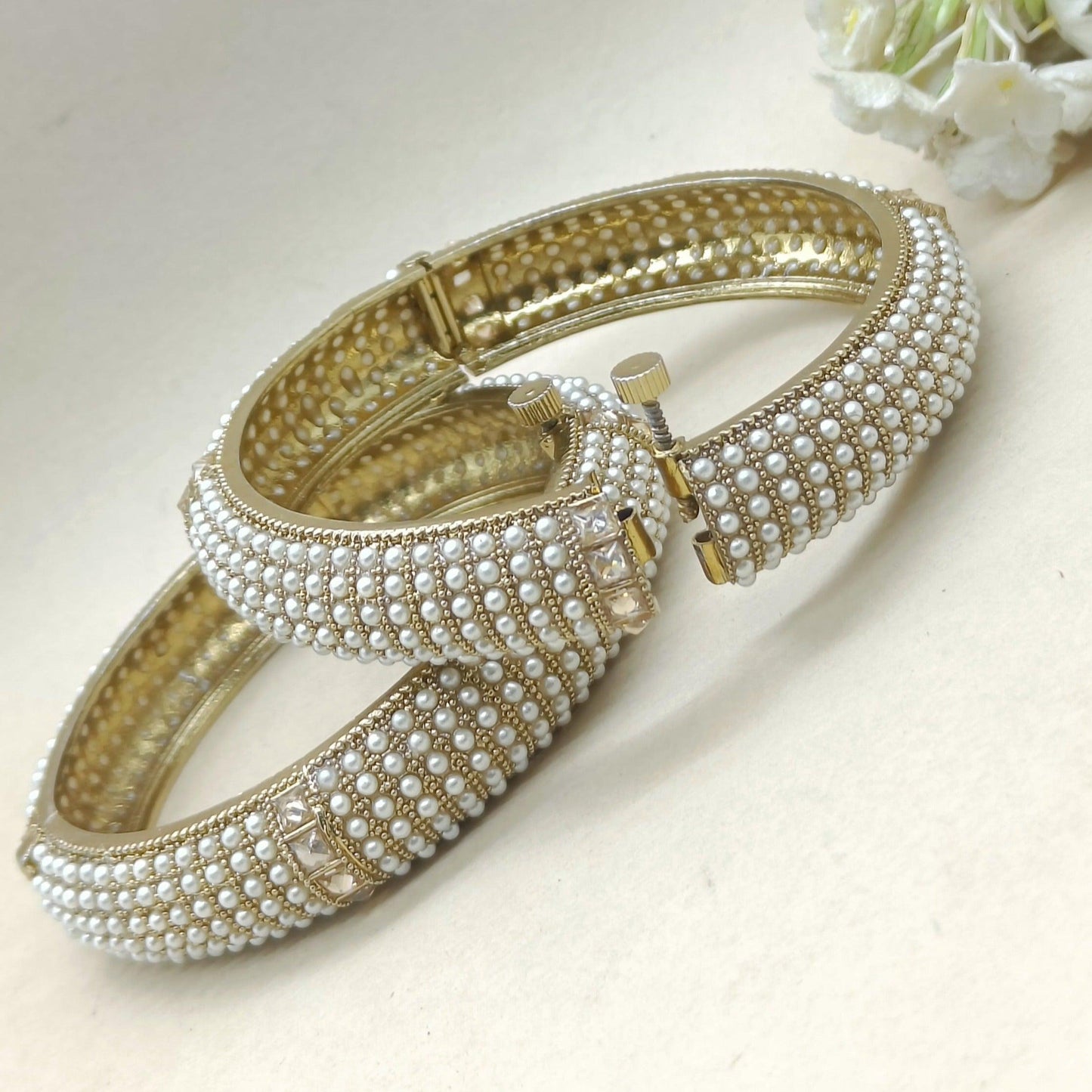 Beautiful Pearl Polki Bangles Sku 3175 G2 - rchiecreation