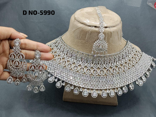 Bridal American Diamond Necklace Rodium Sku-5990 C3 - rchiecreation