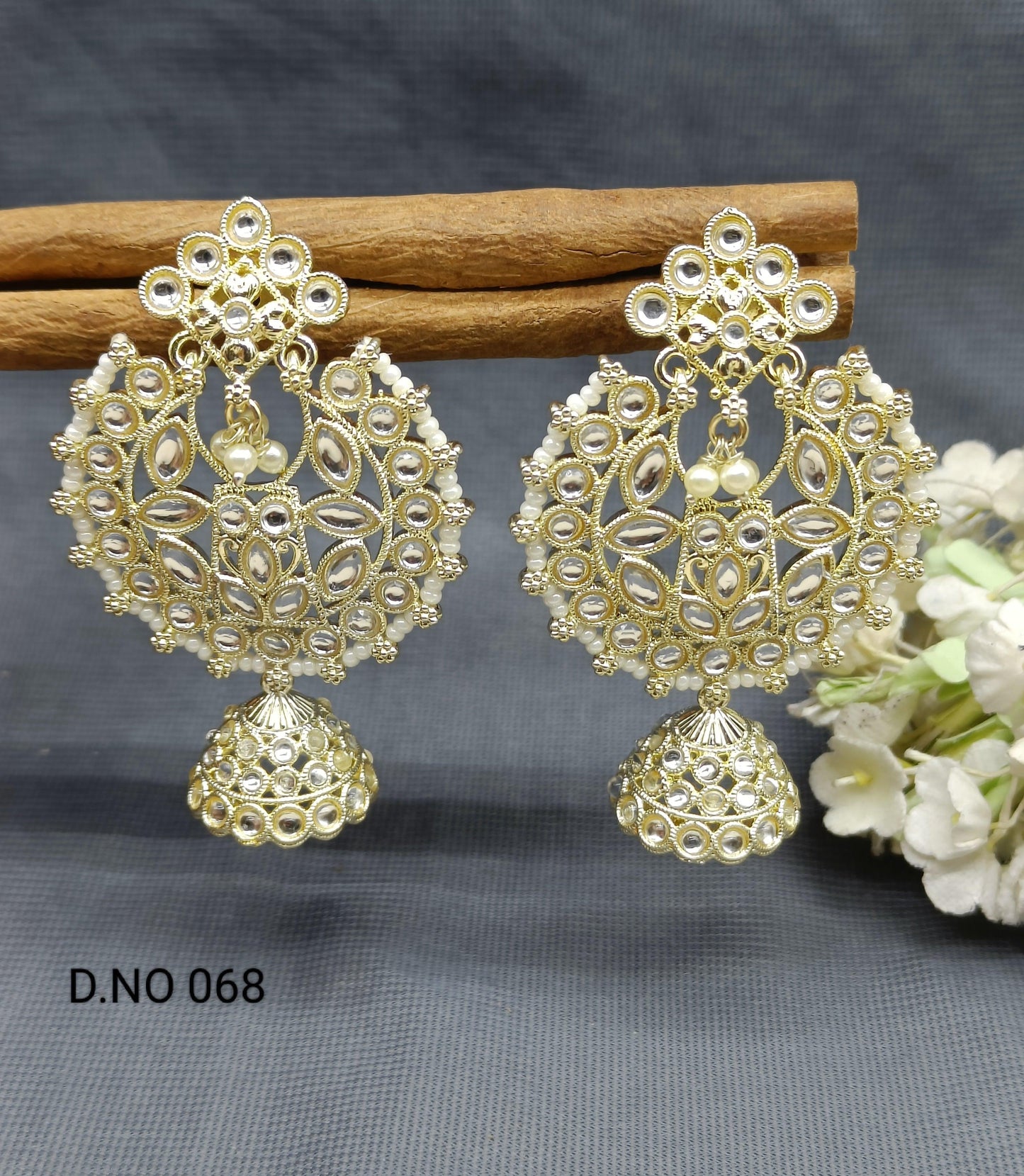 Golden Kundan Earring Sku 068E3 - rchiecreation