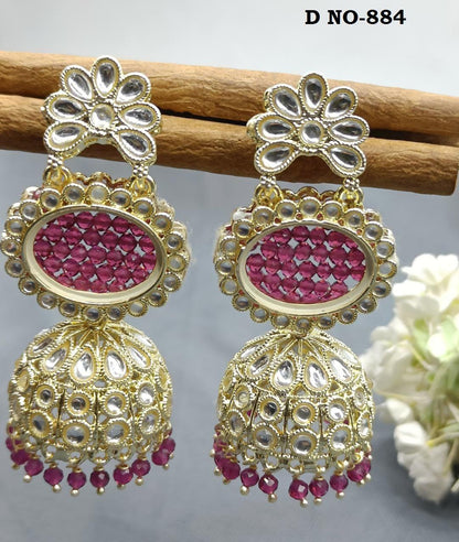 Golden Kundan Jhumki Earring Sku-884 A2 - rchiecreation