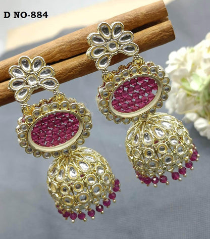 Golden Kundan Jhumki Earring Sku-884 A2 - rchiecreation