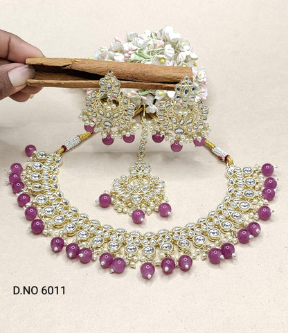 Golden Kundan Necklace Set Sku-6011 B4 - rchiecreation