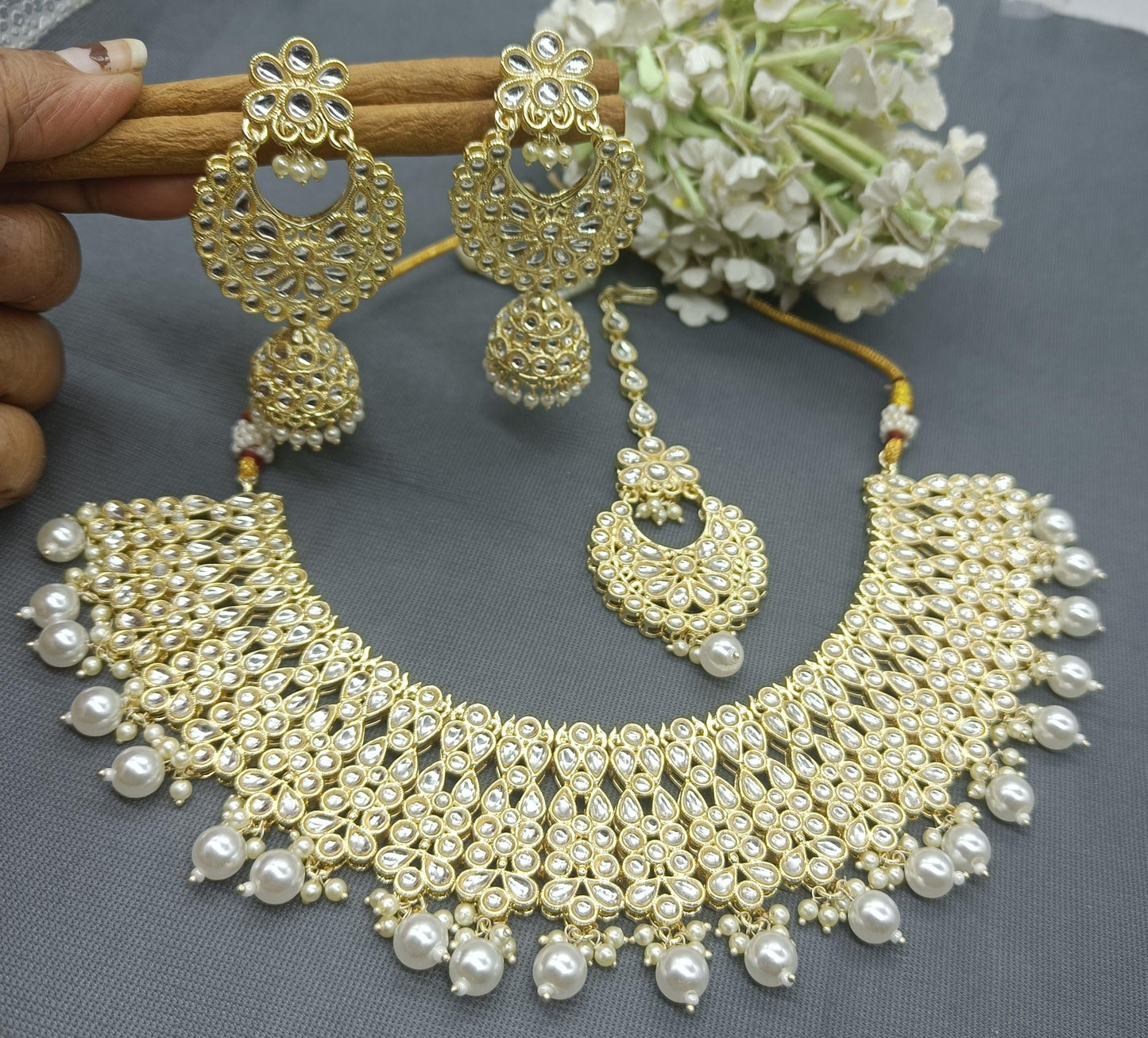 Golden Kundan Necklace Set Sku-6160 B4 - rchiecreation