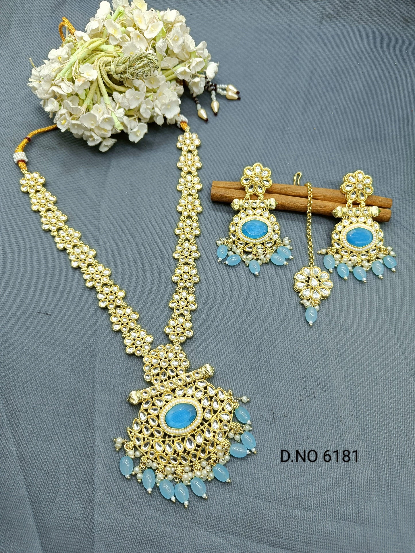 Golden Kundan Necklace Set Sku 6181 B4 - rchiecreation